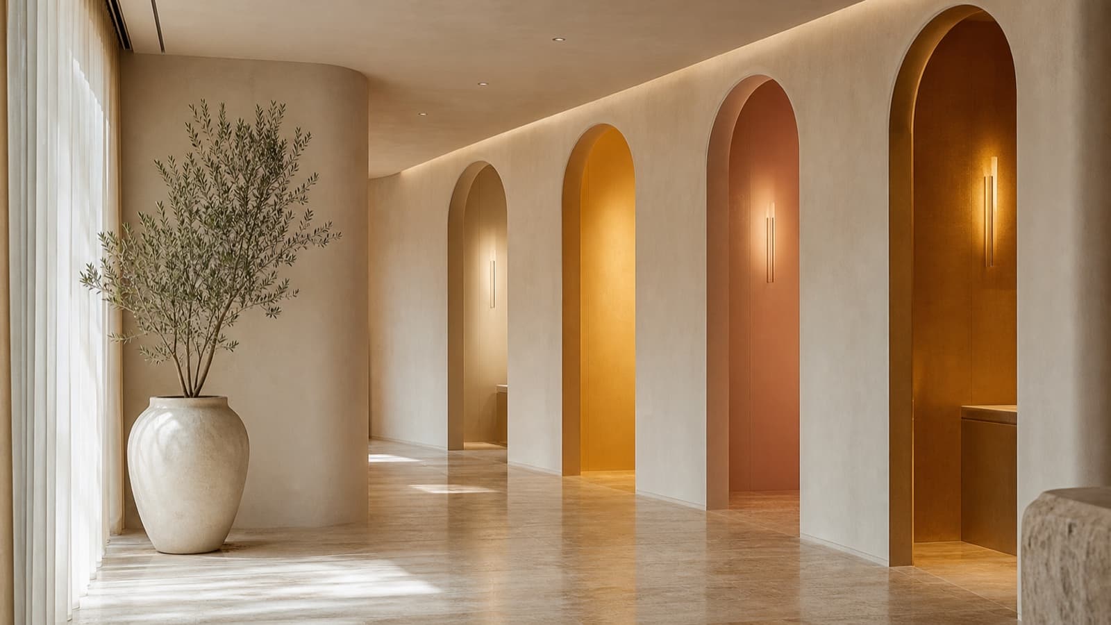 A serene spa corridor of warm arched alcoves bathed in golden light.