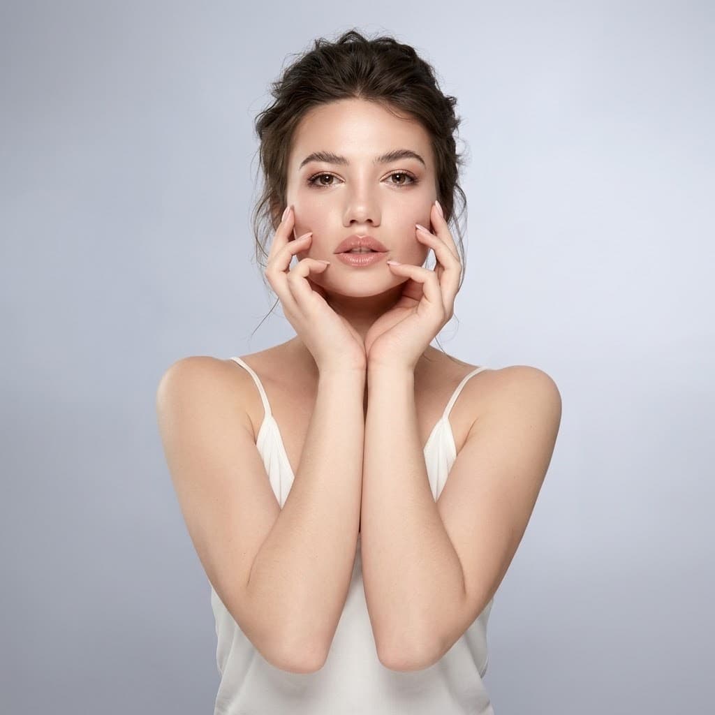 A woman with luminous, healthy skin resting her hands at her jawline.