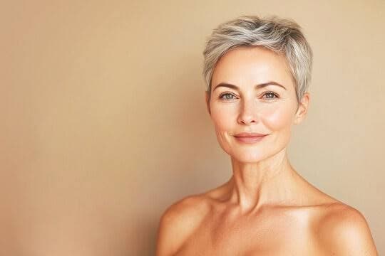 A woman with silver hair and radiant skin, poised and confident.