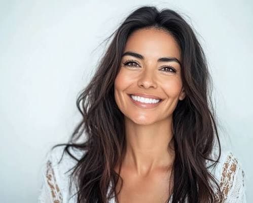 A woman with long dark hair smiling warmly, healthy and at ease.